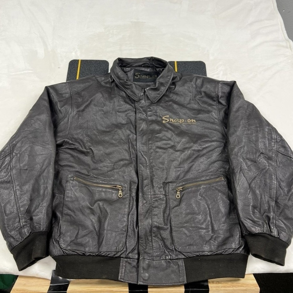 Snap-on Bomber Jacket Mens XL Black Genuine Leather Quilted Padded Workwear F1
